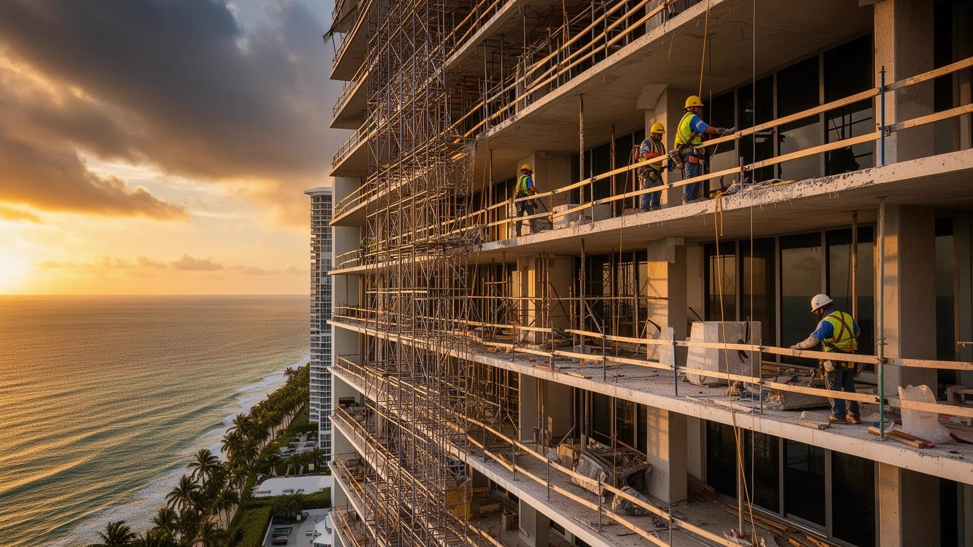 Building restoration contractors working on a high-rise structure in Golf, Florida