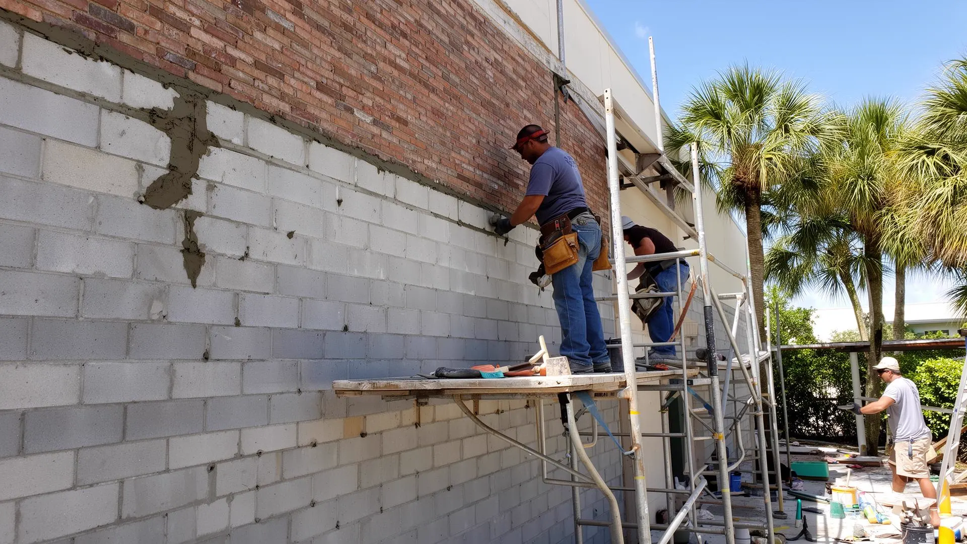 Masonry and stucco restoration on a block wall at a Cloud Lake, Palm Beach County property